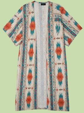 Express Lightweight Aztec Kimono in Cream, Teal & Dusty Pink
